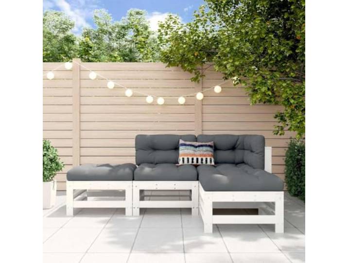 WDGJJFECNMUEHI Design à Lattes pin massif robuste modulable Salon Blanc Salon de jardin 4 pieces blanc bois de pin massif exterieur modulable avec repose-pieds table basse pour patio terrasse