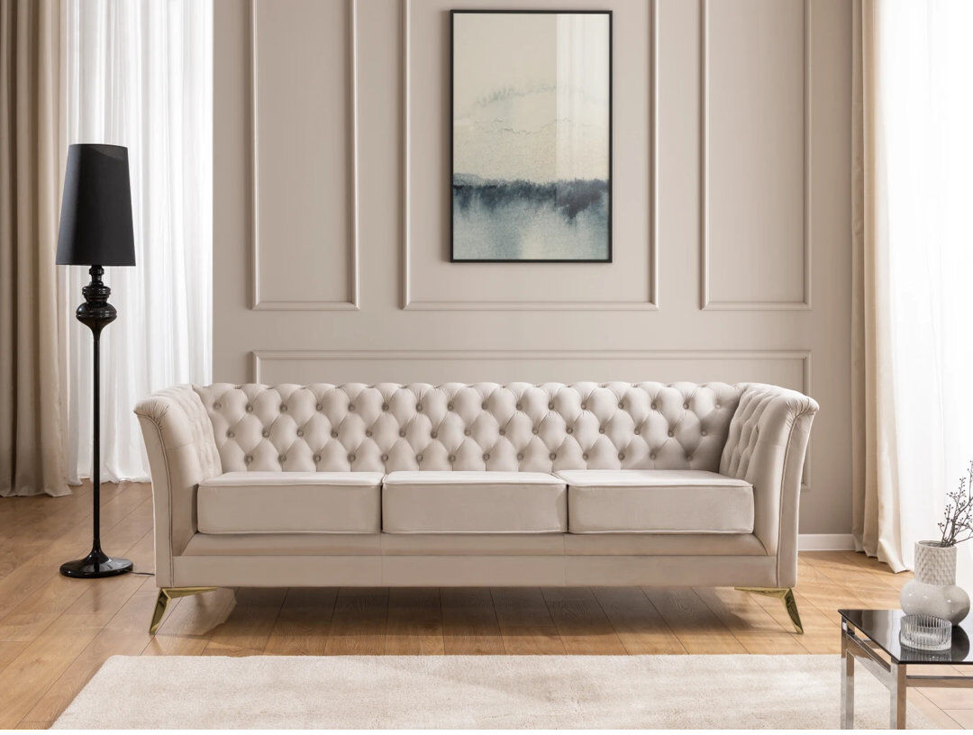 S-Style Furniture Whitby 3 Seater Velvet Sofa Gold/Beige
