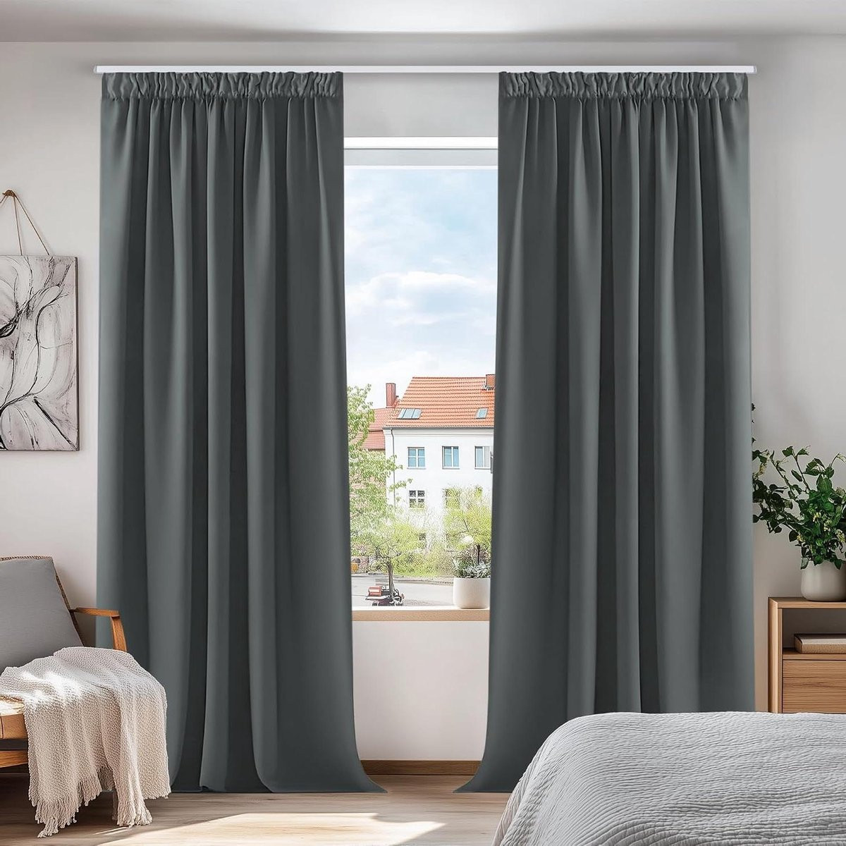 Set van 2 verduisterende en geluidsisolerende privacy gordijnen in donkergrijs, 140 x 175 cm