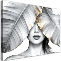 LEINWANDBILD Frau und silberne und goldene Bananenblätter 60x40cm
