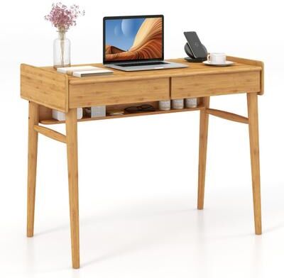 Costway Bamboo Writing Desk with 2 Storage Drawers and Open Shelf-Natural