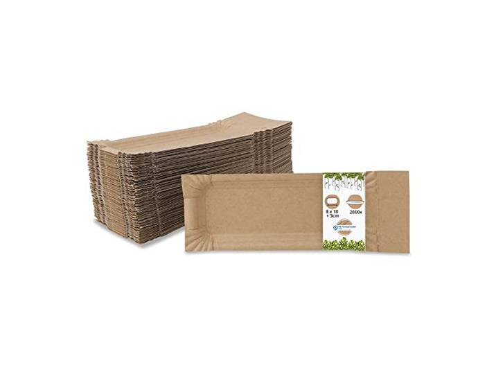 BIOZOYG Pappteller mit Abriss eckig I Maße 8 x 18 + 3 cm Abriss I Imbissteller braun aus Recyclingkarton für Pommes Currywurst etc I recycelbar - umweltfreundlich I Pommesschalen 2000 Stück
