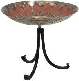 "Achla Designs 16""W Round Antique and Patina Finish Brass African Daisy Birdbath w/ Black Wrought Iron Tripod Stand"