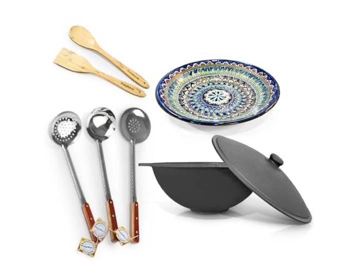 Zarenhoff Set - Kazan Usbekisch Gusseisen 12L Topf Wok für Plov mit Flachem Boden mit Deckel, Holzlöffel, Schaumlöffel, Schöpfkelle, Holzspachtel, Abdecktasche, Lagan Teller Ø 34 cm, Unbeschichtet