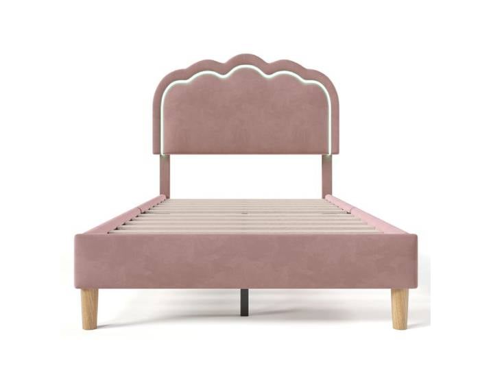 BEL Lit capitonné LED simple 90x190 cadre lattes tête réglable rose enfant/amis velours