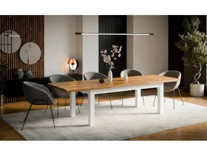 VALLH Ausziehbarer Esstisch Leonardo 100–300 cm Tisch für 10–12 Personen Eiche Craft Dekor Beine aus Buchenholz – schwarz lackiert modern, funktional Esszimmer (Craft Weiß, 100x200/300)