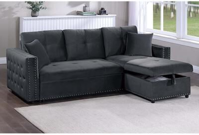 Esofastore Velvet Upholstered 2pc Convertible Sectional Nailhead Trim Black Finish