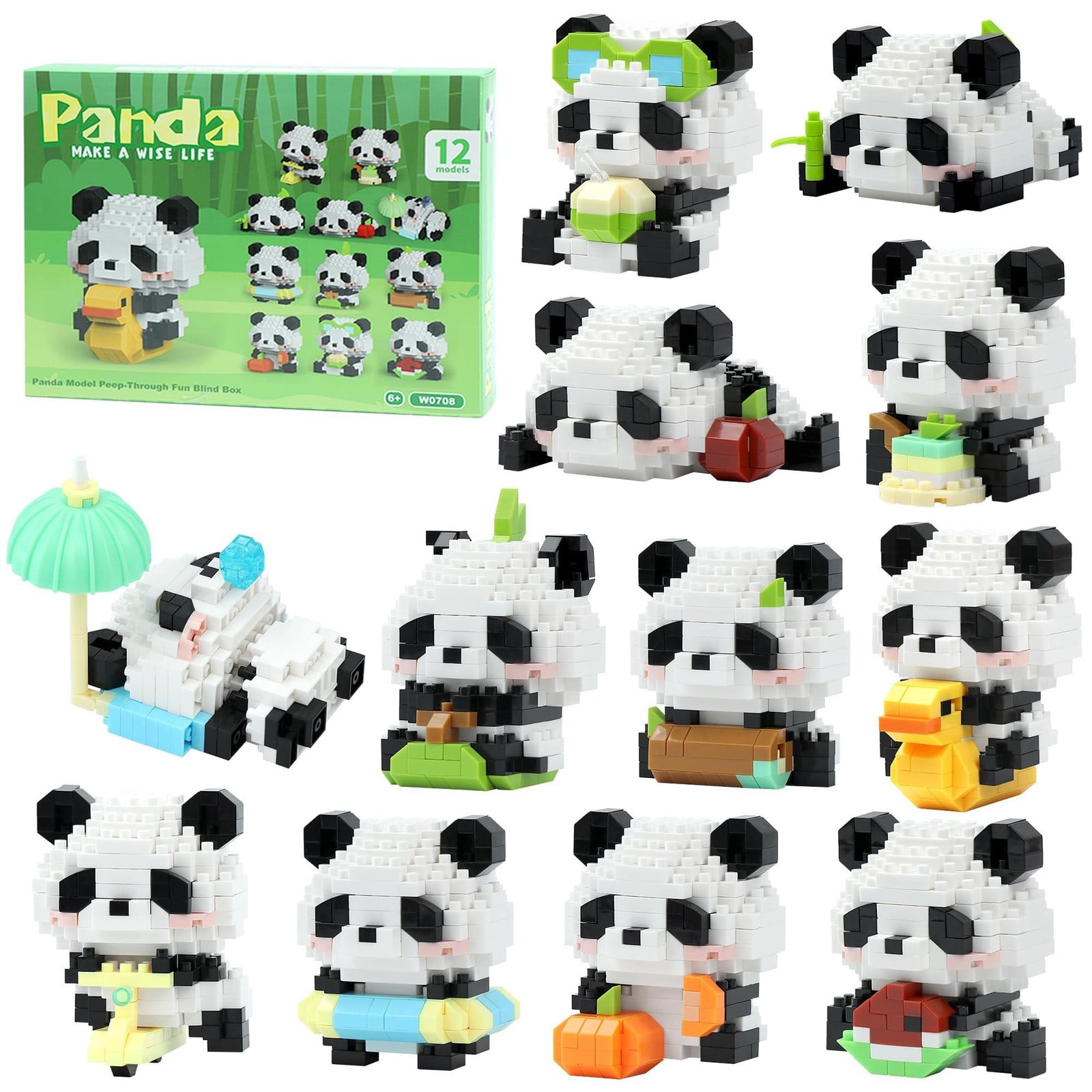 Solidchoice Mini Bouwblok Set Panda Thema, 12 Stuks