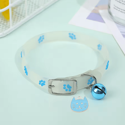 Inspire Curations Glow in the Dark Paw Print Cat Collar With Bell & Safety Buckle blue