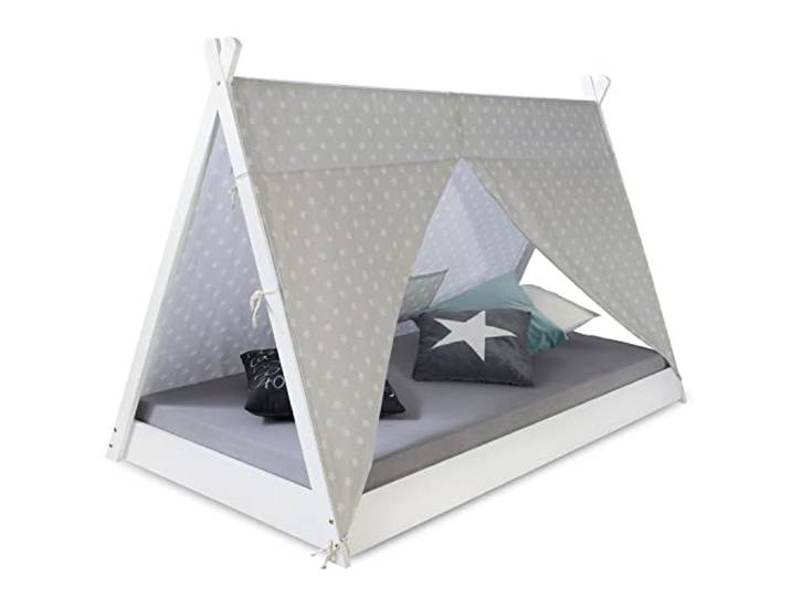 Homestyle4u Tipi Kinderbett 90x200 cm Weiß mit Lattenrost und Matratze