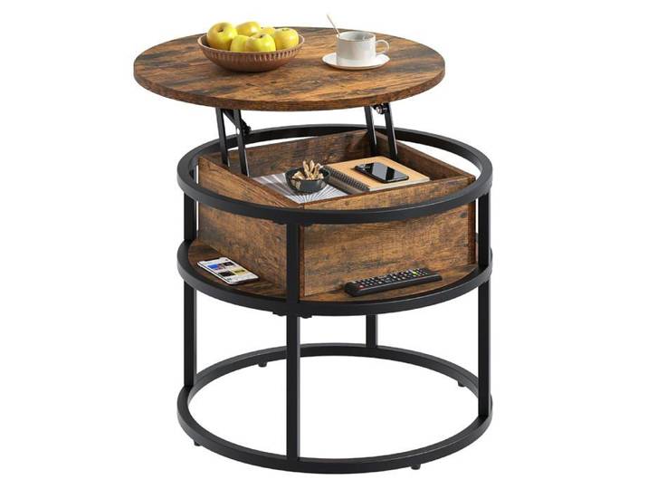 Table Basse Relevable Ronde avec Rangement Caché - 60 cm Marron Cadre Métallique Robuste - Contemporaine pour Salon Forte Charge