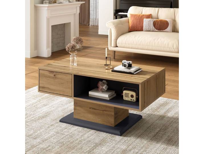 LPOSPI Table basse moderne avec rangement 2 faces - étagères et compartiment 100x50x46 5 cm grisbois naturel