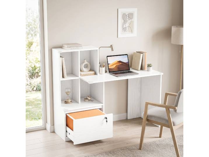HOMCOM Bureau Bibliothèque 4 Compartiments Tiroir Verrouillable Blanc