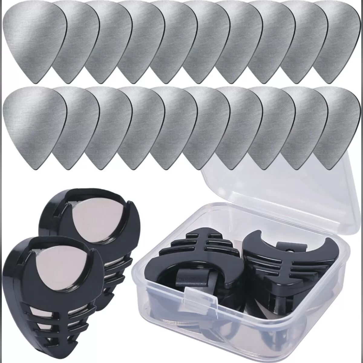INF Lot de 20 médiators en acier inoxydable - Plectres fins de 0,3 mm avec supports