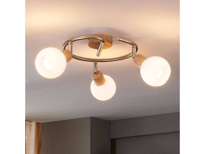 Deckenleuchte Svenka, 3-flg., Rondell Svenka Lindby, dimmbar, Holz hell, für Wohn- / Esszimmer, Glas, Modern