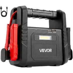 VEVOR Starthilfe Powerbank 6000 A Spitzenleistung 12 V Tragbar Schwarz Starthilfegerät für Benzin- und Dieselfahrzeuge bis 10 L, 3-Modus-LED-Notfalltaschenlampe, USB-Ausgang, Gehäuse aus ABS & PC