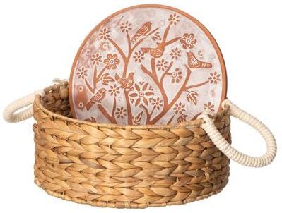 Vintiquewise Handwoven Wicker Bread Basket with Terracotta Stone Warmer & Rope Handles