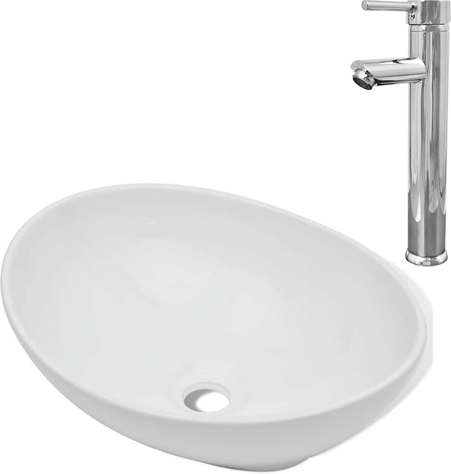 vidaXL Lavabo de salle de bain avec mitigeur Céramique Ovale Blanc