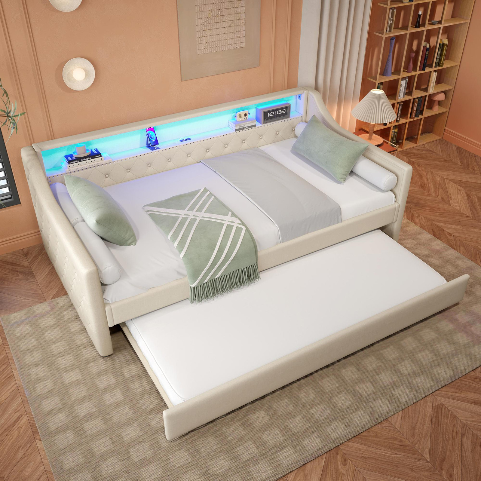 MODFU uitschuibaar dagbed met LED-verlichting en USB-oplaadpoorten, beige, 90 x 200 cm