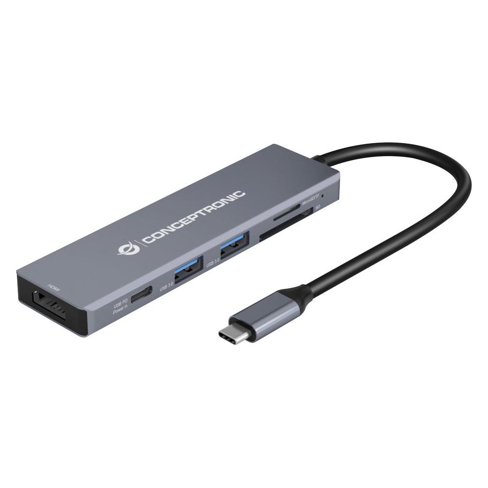 Conceptronic Dock USB-C->HDMI,2xUSB3.0,SD,60WPD 0.12m gr (USB-C) (DONN02G)