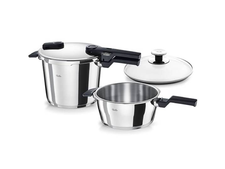 Fissler, Vitaquick Schnellkochtopf-Set 3-teilig (3,5 + 6 L, Ø 22 cm), Metall- & Glasdeckel, 2 Garstufen, Induktion, Made in Germany
