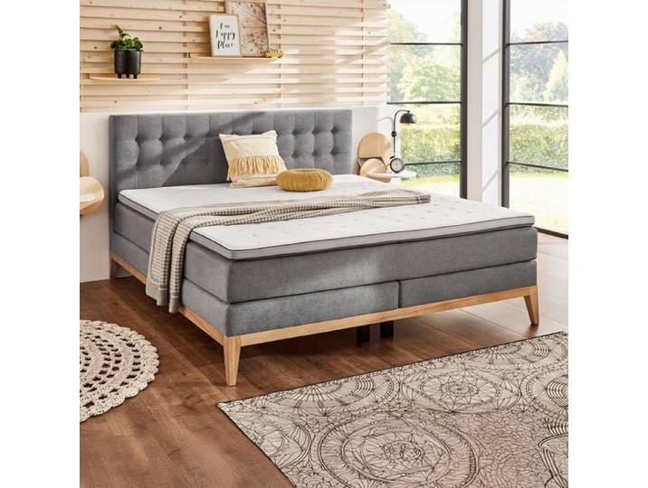 Boxspringbett Norel Webstoff 180x200cm Taschenfederkern-Box Härtegrad: H2/H3 Dunkelgrau skandinavisch, mit Partnerbezug
