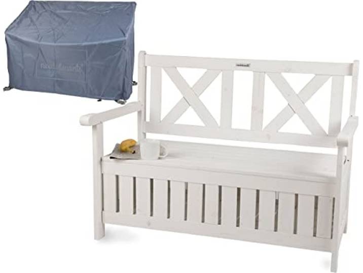 needs&wants® Houten tuinbank met opbergruimte beschermhoes OXFORD 600D, 2-zits kistbank houten klassieke bank opslag, tuinopbergbank van massief hout weerbestendig voor buiten tuin balkon terras, wit