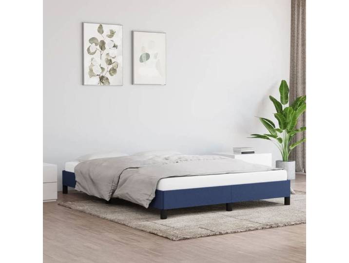 Cadre de lit en tissu - Happiness - 140x190 cm - Bleu - Tissu polyester - Contreplaqué - Bois d'ingénierie