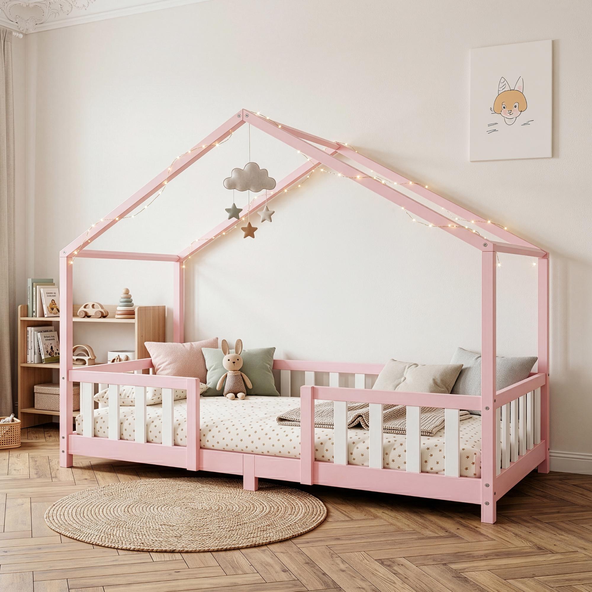 Kinderbett 'Treviolo' in Haus-Optik mit Rausfallschutz Kiefernholz 90 x 200 cm Rosa / Weiß