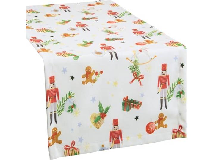 Erwin Müller Tischläufer Nussknacker fleckabweisend weiß-rot Größe 40x170 cm - pflegeleicht und strapazierfähig, mit Fleckschutz, Motiv Lebkuchenmännchen, Weihnachten