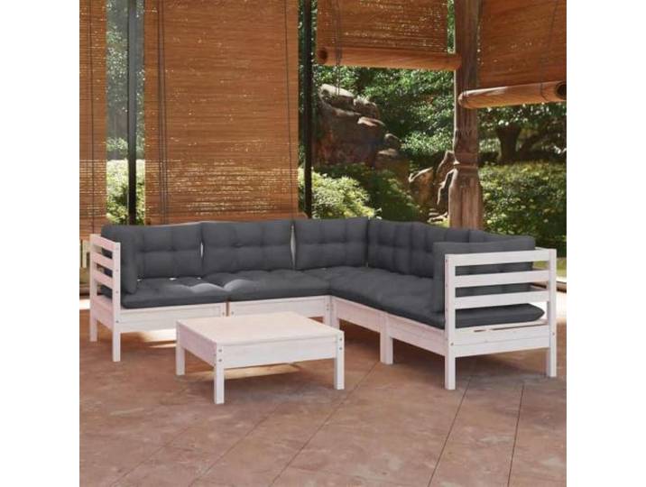 Bois de pin massif modulable avec coussins blancs 6 pièces 110 kg Salon de jardin 6 pieces avec coussins blanc bois de pin massif, ensemble modulable exterieur avec table repose-pieds,