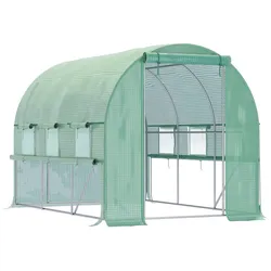OKWISH Foliengewächshaus Tunnel begehbar Grün 295x200x200 cm mit 6 Fenstern Fliegengitter Reißverschlusstür UV Schutz 140 GSM PE Folie Stahlgestell
