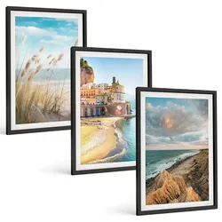 BILDER SET 3er Set - 40x60 cm Schwarzer Rahmen - Landschaften Strand Klippen Stadt
