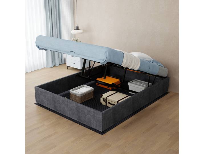 Lit Plateforme En Tissu Gris Et Métal 140x200 Cm\, Cadre De Lit Avec Vérins À Gaz\, Sans Tête De Lit