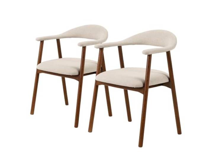 home24 Esszimmerstuhl 2er-Set mit Armlehnen, Sitzhöhe 47 cm, Küchenstuhl Eiche Dunkel lackiert, Bezug Webstoff aus Polyester in Beige, gepolstert, modernes Design
