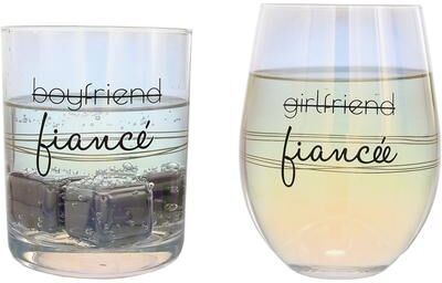 Pavilion Fiance/Fiancee Rocks and Stemless Wine Glass Set