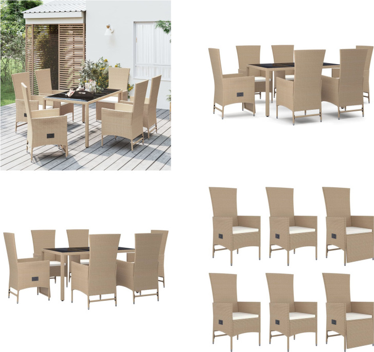 vidaXL 7 tlg. Garten Essgruppe mit Kissen Beige Poly Rattan - Garten Essgruppe - Garten Essgruppen - Essgruppe - Essgruppe Terrasse