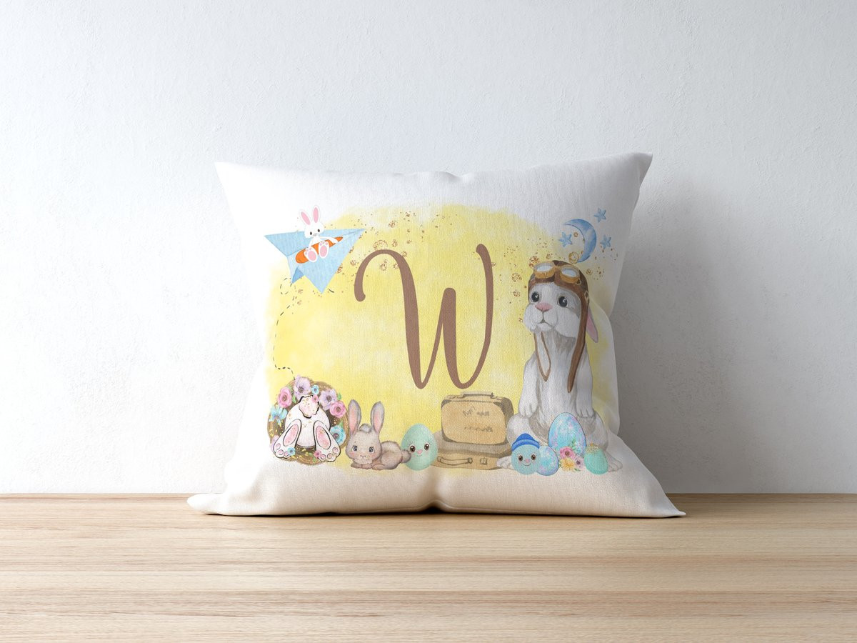 Gepersonaliseerd Paashaas Monogram Letter W Sierkussen - Schattig Piloot Konijn voor de Kinderkamer