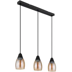 Hängeleuchte Pendelleuchte Glas Esstischlampe schwarz 3 flammig, Amber Metall, 3x E27 Fassungen, LxBxH 55x10x120cm