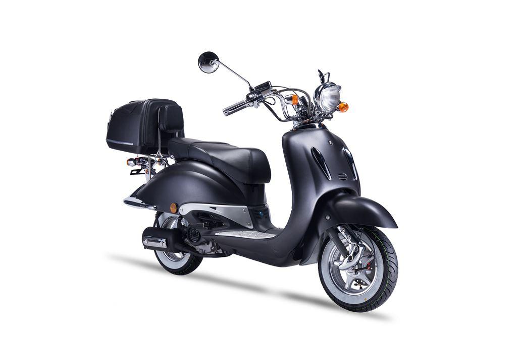 Motorroller Strada mit Top Case 50 ccm 45 km/h, Euro 5, mattschwarz, Sitzbank schwarz, GT Union