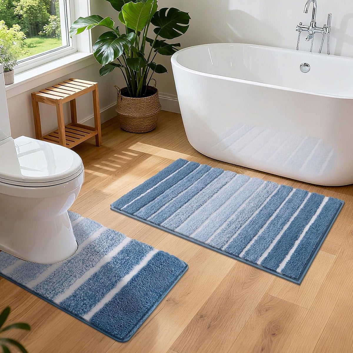 Set van 2 blauwe badkamermatten, antislip en absorberend