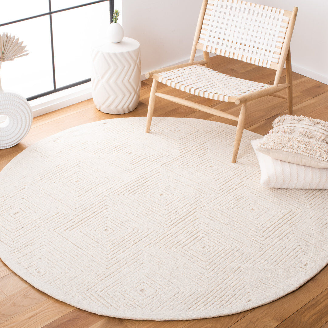 Brayden Studio Biest Geometric Shapes Wool Hand Tufted Area Rug Ivory Round 183cm