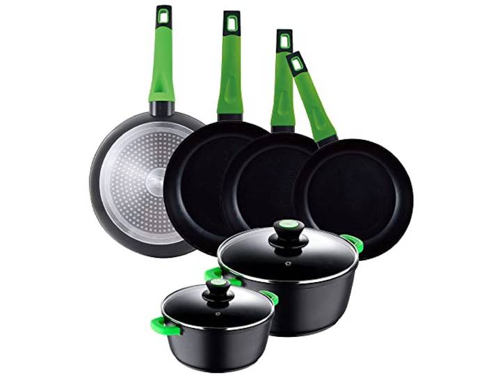 San Ignacio Kochgeschirr-Set, 8 Teile: Töpfe 20 und 28 cm, mit Glasdeckel und 4 Pfannen 20, 24, 26, 28, antihaftbeschichtet, Vitoria, Aluminium, Induktion