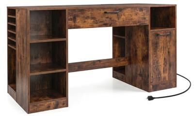 Costway Sewing Table with Power Outlets Craft Station Desk with 2 Drawers Open Compartments-Rustic Brown