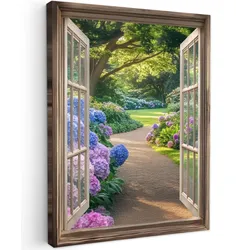 LEINWANDBILD Aussicht - Garten - Fenster - Hortensie - Blumen Wandbild Wohnzimmer 60x80 cm