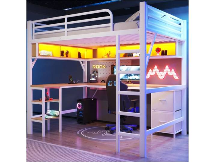 Hochbett blanc 140 x 200 cm avec bureau intégré étagères tiroirs LED et USB structure métal et MDF
