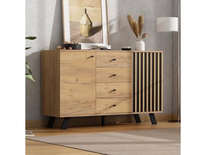 FammyLoft Sideboard Wohnzimmer, Buffetschrank, 120×38×75cm, Holzfarbe 4 Schubladen und 2 Schränken, 5 Massivholzbeinen