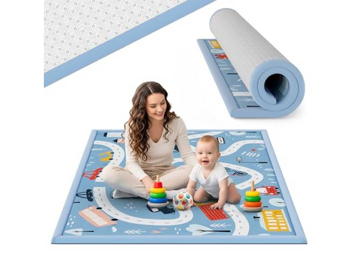 teskon® Krabbelmatte Baby Spielmatte Kinder 200x150x3cm Autos & Straße Seidenweich, 3 cm dick, Premium Memory-Schaum, rutschfeste Unterseite, sicher und gemütlich fürs Krabbeln und Spielen