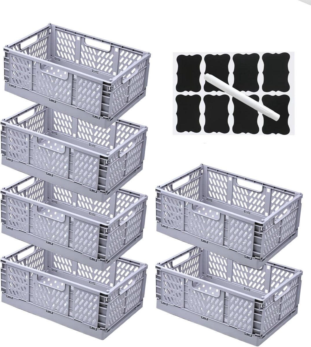 SnelShoppen Set van 6 Grijs Vouwbare Opbergdozen met Labels, Pennen en Handvatten, Stapelbare Textiele Opbergmanden voor Keuken, Kantoor en Lades