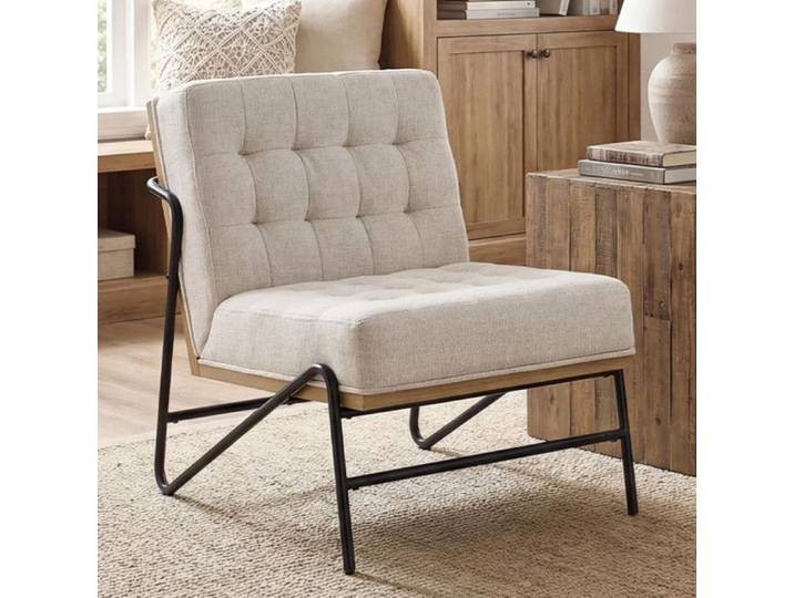 Wahson Fauteuil de Salon Confortable Fauteuil Scandinave Chaise de Chambre en Lin Fauteuils Salon Moderne Pieds en Métal Avoine